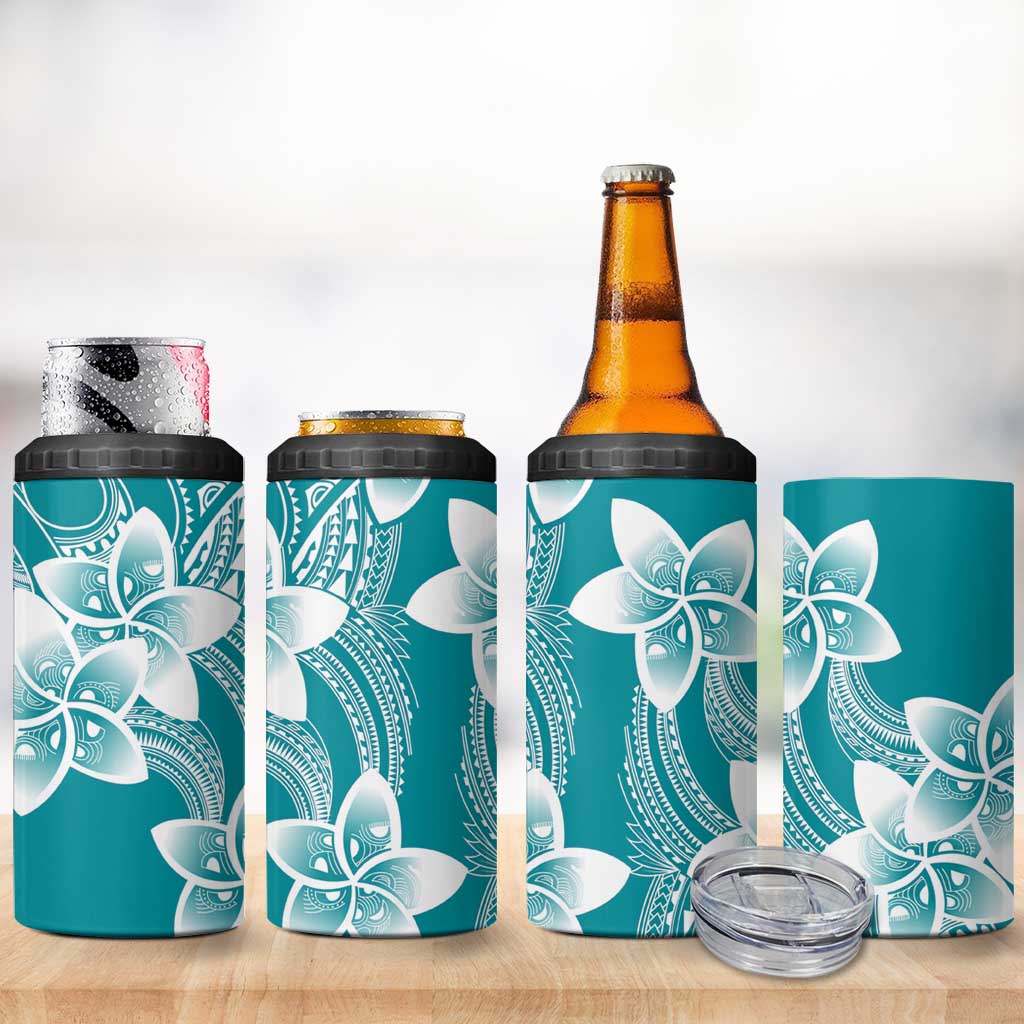 Polynesian Plumeria Flowers Tribal 4 in 1 Can Cooler Tumbler Pacific Tattoo Teal Style LT9 - Polynesian Pride