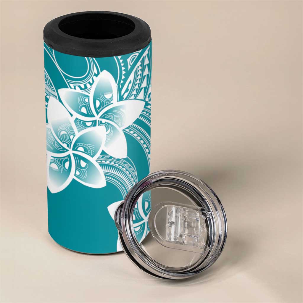 Polynesian Plumeria Flowers Tribal 4 in 1 Can Cooler Tumbler Pacific Tattoo Teal Style LT9 - Polynesian Pride