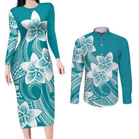 Polynesian Plumeria Flowers Tribal Couples Matching Long Sleeve Bodycon Dress and Long Sleeve Button Shirt Pacific Tattoo Teal Style LT9 Teal - Polynesian Pride