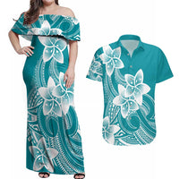 Polynesian Plumeria Flowers Tribal Couples Matching Off Shoulder Maxi Dress and Hawaiian Shirt Pacific Tattoo Teal Style LT9 Teal - Polynesian Pride