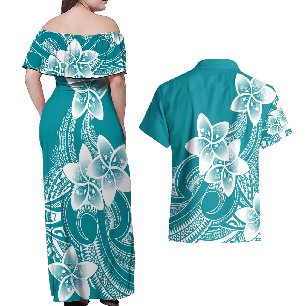 Polynesian Plumeria Flowers Tribal Couples Matching Off Shoulder Maxi Dress and Hawaiian Shirt Pacific Tattoo Teal Style LT9 - Polynesian Pride