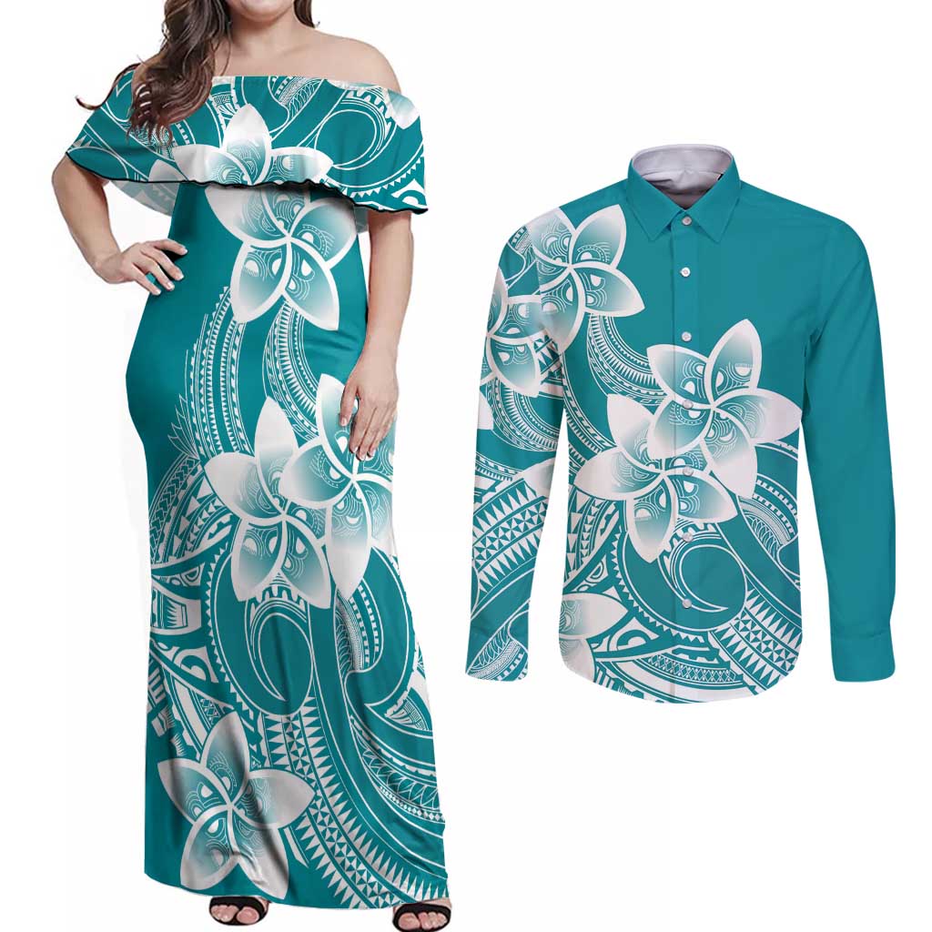 Polynesian Plumeria Flowers Tribal Couples Matching Off Shoulder Maxi Dress and Long Sleeve Button Shirt Pacific Tattoo Teal Style LT9 Teal - Polynesian Pride