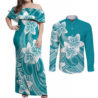 Polynesian Plumeria Flowers Tribal Couples Matching Off Shoulder Maxi Dress and Long Sleeve Button Shirt Pacific Tattoo Teal Style LT9 Teal - Polynesian Pride