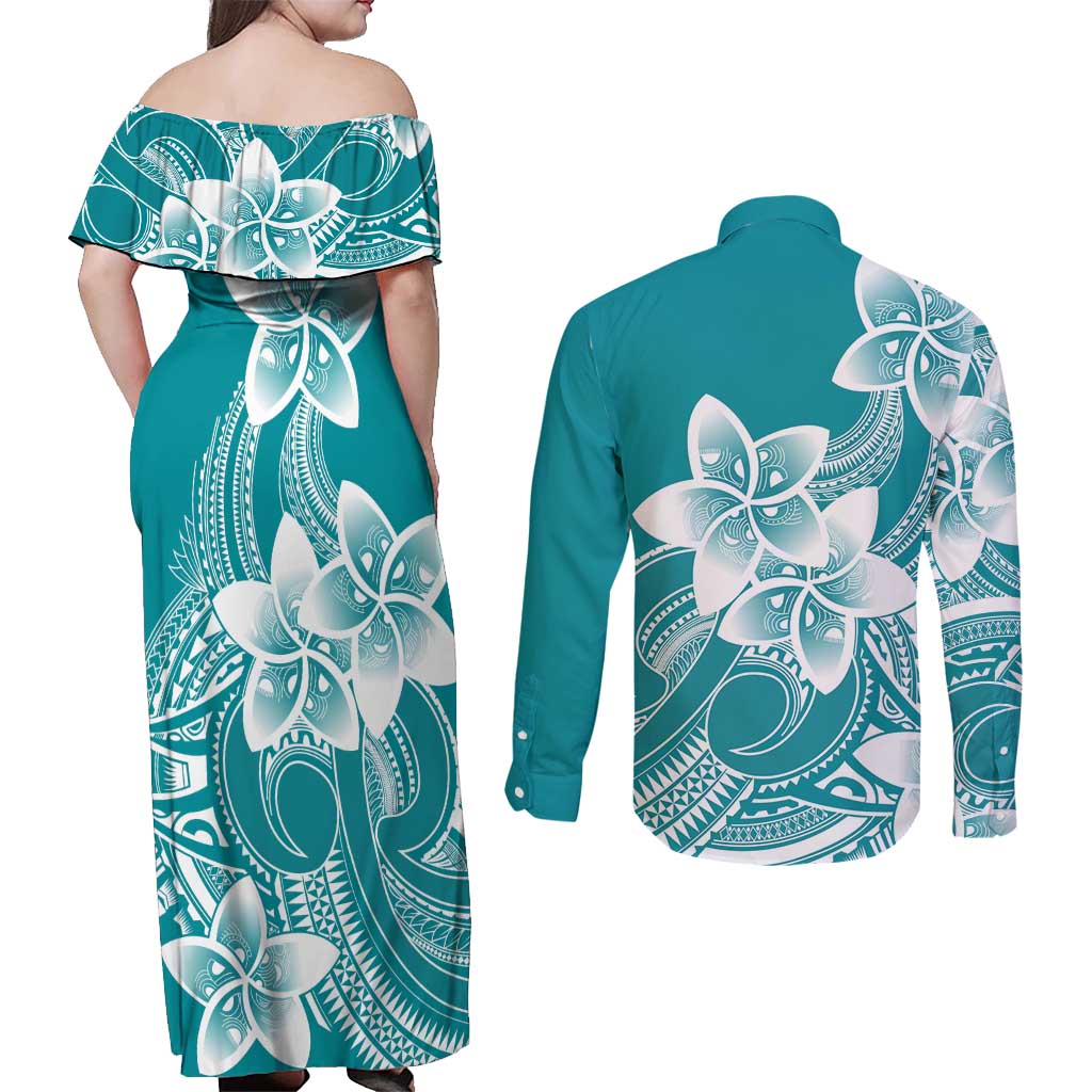 Polynesian Plumeria Flowers Tribal Couples Matching Off Shoulder Maxi Dress and Long Sleeve Button Shirt Pacific Tattoo Teal Style LT9 - Polynesian Pride