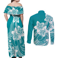 Polynesian Plumeria Flowers Tribal Couples Matching Off Shoulder Maxi Dress and Long Sleeve Button Shirt Pacific Tattoo Teal Style LT9 - Polynesian Pride