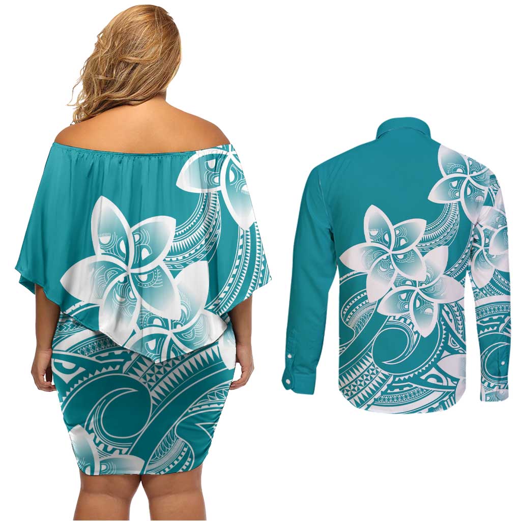 Polynesian Plumeria Flowers Tribal Couples Matching Off Shoulder Short Dress and Long Sleeve Button Shirt Pacific Tattoo Teal Style LT9 - Polynesian Pride