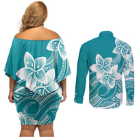 Polynesian Plumeria Flowers Tribal Couples Matching Off Shoulder Short Dress and Long Sleeve Button Shirt Pacific Tattoo Teal Style LT9 - Polynesian Pride