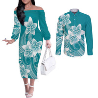 Polynesian Plumeria Flowers Tribal Couples Matching Off The Shoulder Long Sleeve Dress and Long Sleeve Button Shirt Pacific Tattoo Teal Style LT9 Teal - Polynesian Pride