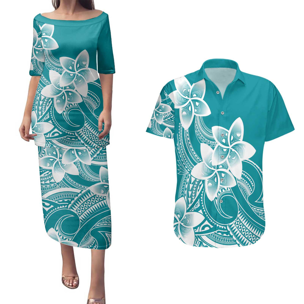 Polynesian Plumeria Flowers Tribal Couples Matching Puletasi and Hawaiian Shirt Pacific Tattoo Teal Style LT9 Teal - Polynesian Pride