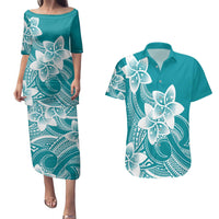 Polynesian Plumeria Flowers Tribal Couples Matching Puletasi and Hawaiian Shirt Pacific Tattoo Teal Style LT9 Teal - Polynesian Pride