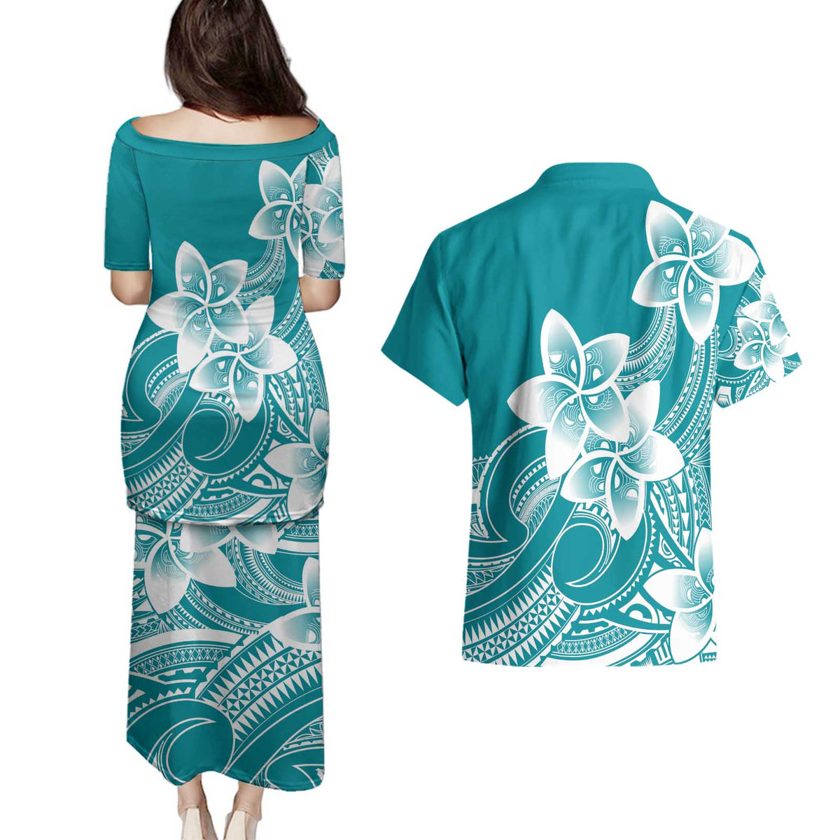 Polynesian Plumeria Flowers Tribal Couples Matching Puletasi and Hawaiian Shirt Pacific Tattoo Teal Style LT9 - Polynesian Pride