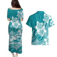 Polynesian Plumeria Flowers Tribal Couples Matching Puletasi and Hawaiian Shirt Pacific Tattoo Teal Style LT9 - Polynesian Pride