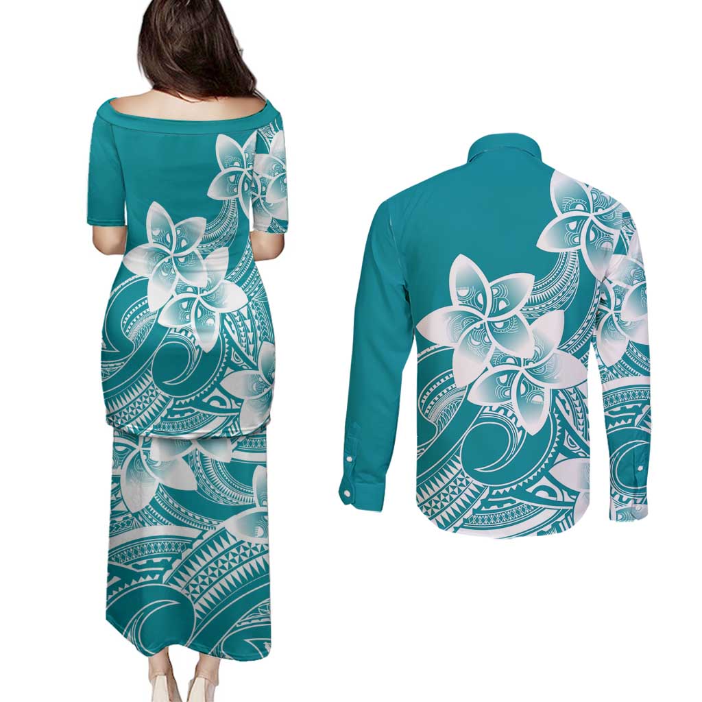 Polynesian Plumeria Flowers Tribal Couples Matching Puletasi and Long Sleeve Button Shirt Pacific Tattoo Teal Style LT9 - Polynesian Pride