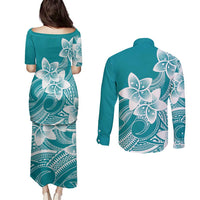 Polynesian Plumeria Flowers Tribal Couples Matching Puletasi and Long Sleeve Button Shirt Pacific Tattoo Teal Style LT9 - Polynesian Pride