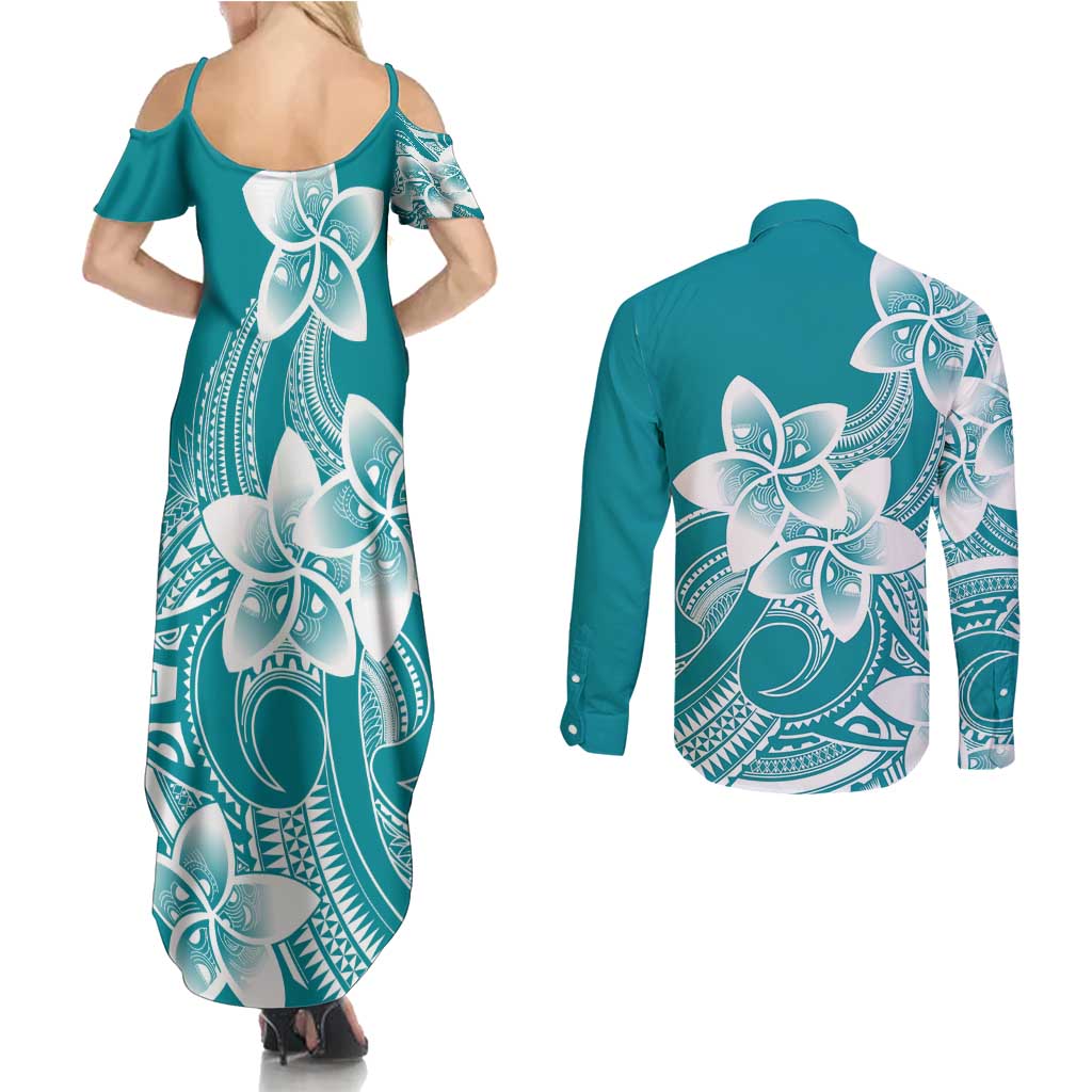 Polynesian Plumeria Flowers Tribal Couples Matching Summer Maxi Dress and Long Sleeve Button Shirt Pacific Tattoo Teal Style LT9 - Polynesian Pride