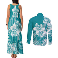 Polynesian Plumeria Flowers Tribal Couples Matching Tank Maxi Dress and Long Sleeve Button Shirt Pacific Tattoo Teal Style LT9 - Polynesian Pride