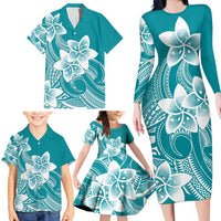 Polynesian Plumeria Flowers Tribal Family Matching Long Sleeve Bodycon Dress and Hawaiian Shirt Pacific Tattoo Teal Style LT9 - Polynesian Pride