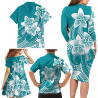 Polynesian Plumeria Flowers Tribal Family Matching Long Sleeve Bodycon Dress and Hawaiian Shirt Pacific Tattoo Teal Style LT9 - Polynesian Pride