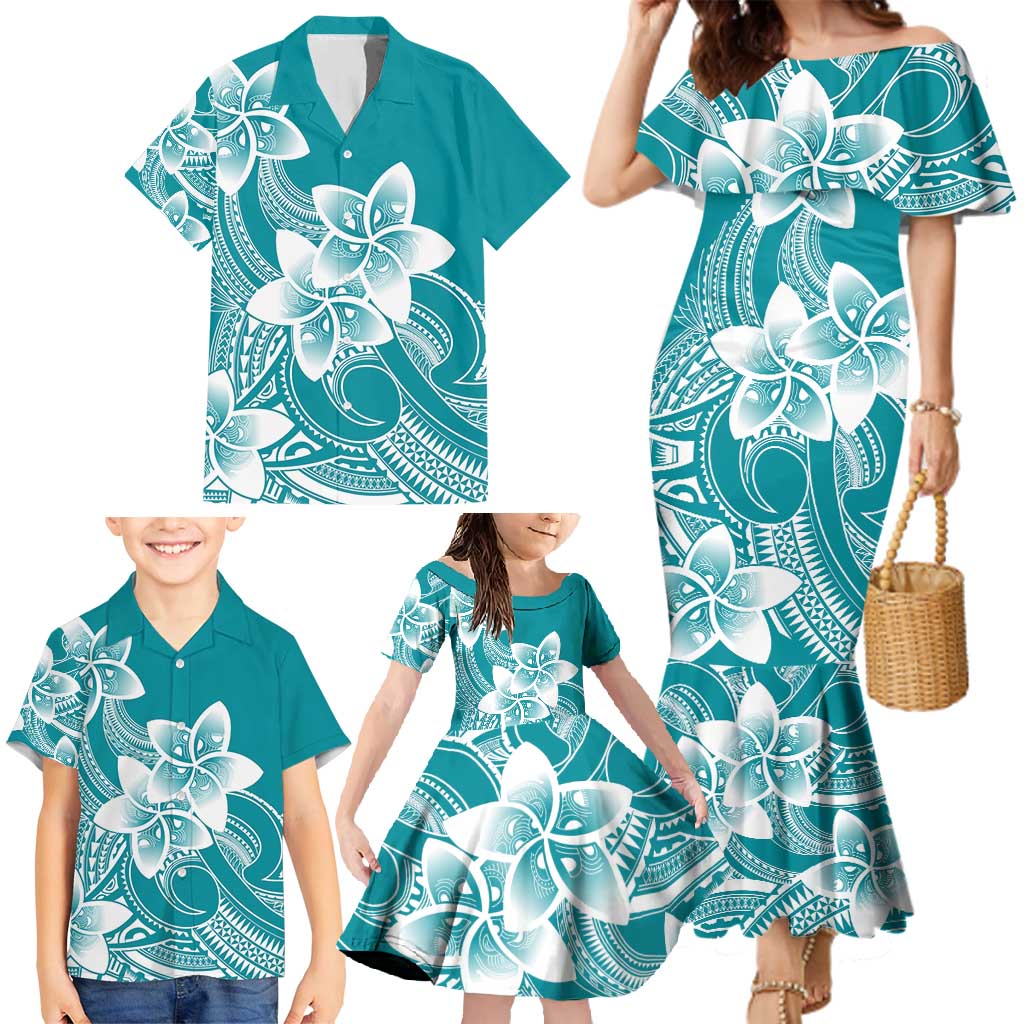 Polynesian Plumeria Flowers Tribal Family Matching Mermaid Dress and Hawaiian Shirt Pacific Tattoo Teal Style LT9 - Polynesian Pride