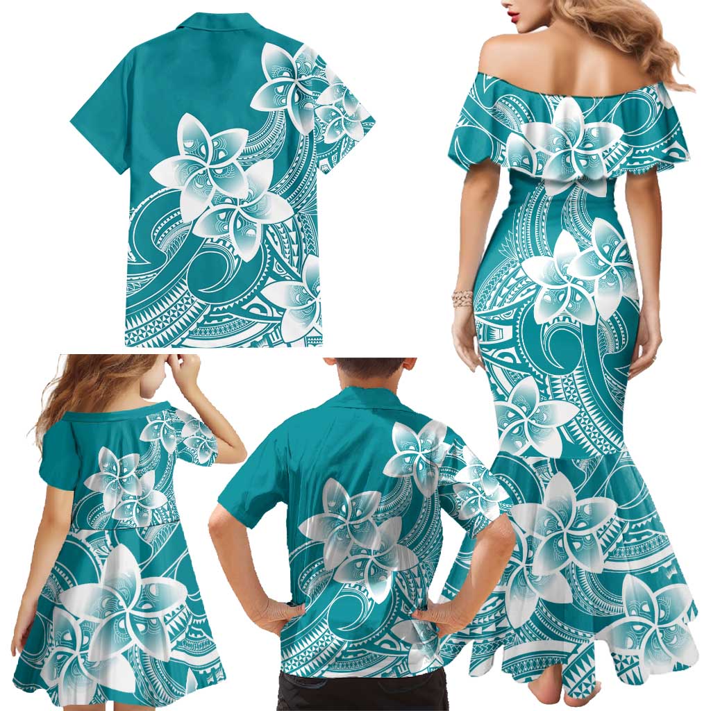 Polynesian Plumeria Flowers Tribal Family Matching Mermaid Dress and Hawaiian Shirt Pacific Tattoo Teal Style LT9 - Polynesian Pride