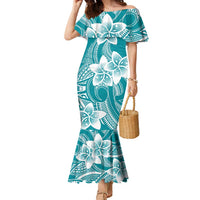 Polynesian Plumeria Flowers Tribal Family Matching Mermaid Dress and Hawaiian Shirt Pacific Tattoo Teal Style LT9 Mom's Dress Teal - Polynesian Pride