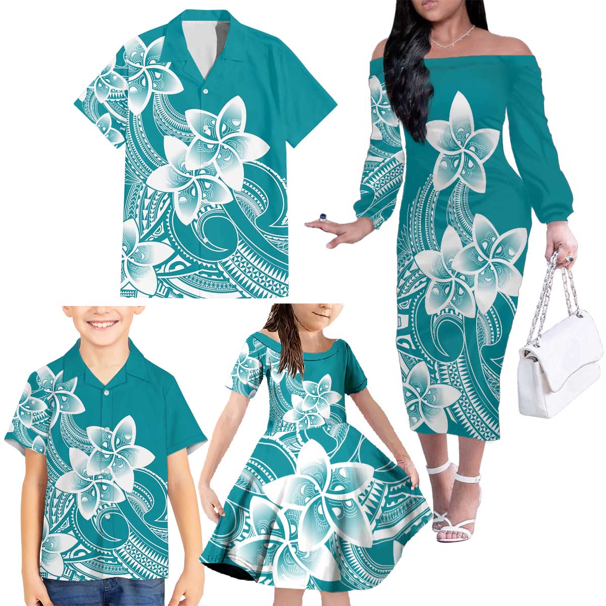 Polynesian Plumeria Flowers Tribal Family Matching Off The Shoulder Long Sleeve Dress and Hawaiian Shirt Pacific Tattoo Teal Style LT9 - Polynesian Pride