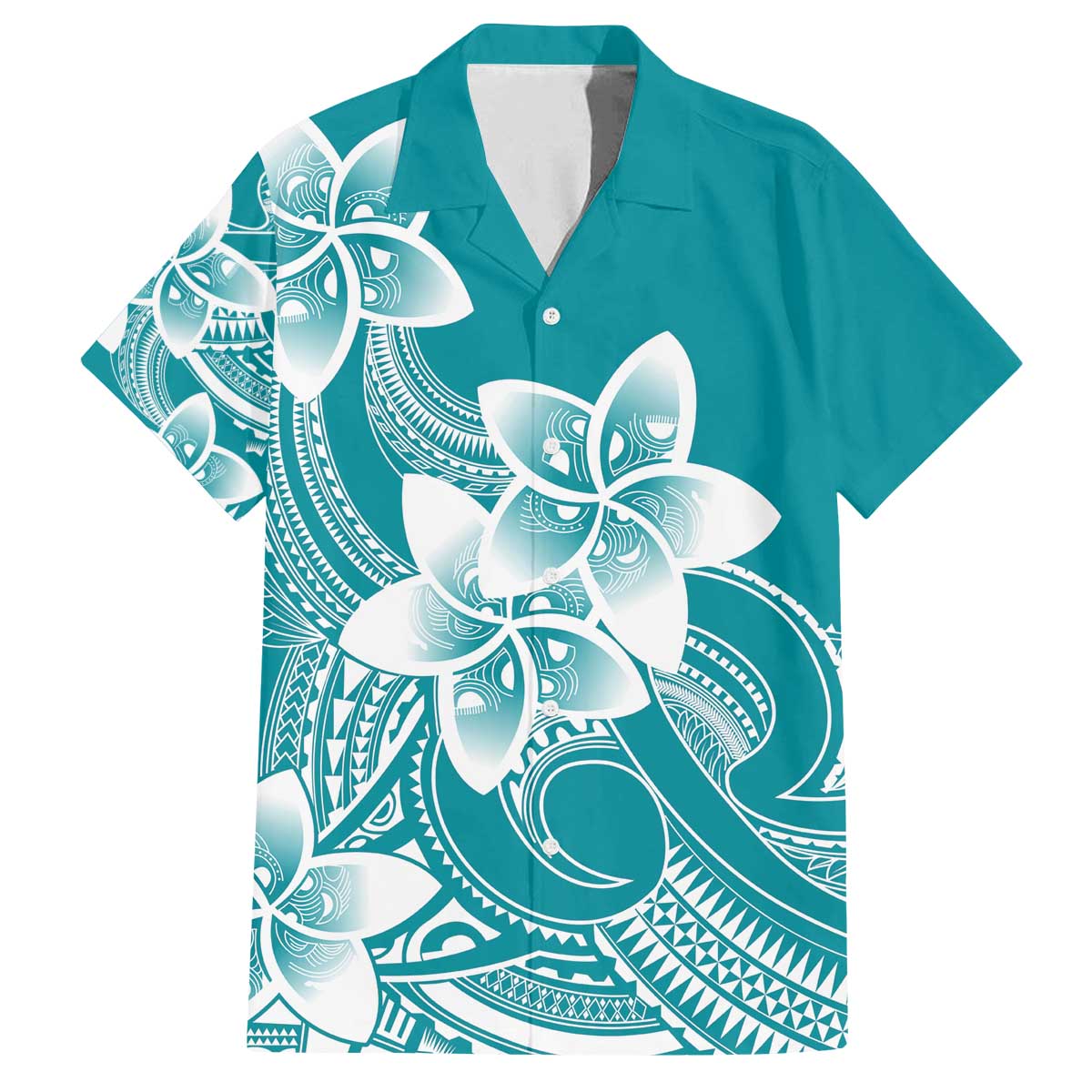 Polynesian Plumeria Flowers Tribal Family Matching Off The Shoulder Long Sleeve Dress and Hawaiian Shirt Pacific Tattoo Teal Style LT9 Dad's Shirt - Short Sleeve Teal - Polynesian Pride