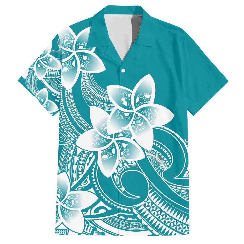 Polynesian Plumeria Flowers Tribal Family Matching Off Shoulder Maxi Dress and Hawaiian Shirt Pacific Tattoo Teal Style LT9 Dad's Shirt - Short Sleeve Teal - Polynesian Pride