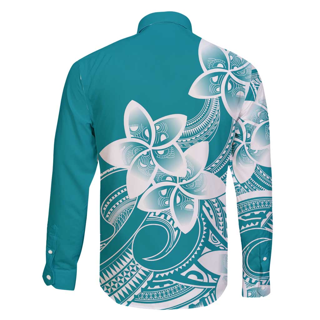 Polynesian Plumeria Flowers Tribal Family Matching Off Shoulder Maxi Dress and Hawaiian Shirt Pacific Tattoo Teal Style LT9 - Polynesian Pride