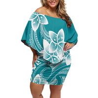 Polynesian Plumeria Flowers Tribal Family Matching Off Shoulder Short Dress and Hawaiian Shirt Pacific Tattoo Teal Style LT9 Mom's Dress Teal - Polynesian Pride