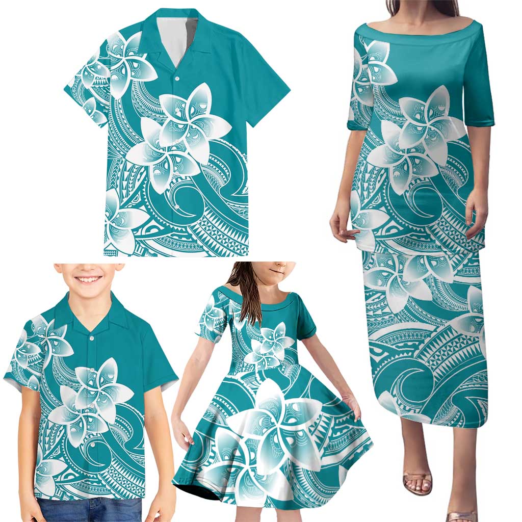 Polynesian Plumeria Flowers Tribal Family Matching Puletasi and Hawaiian Shirt Pacific Tattoo Teal Style LT9 - Polynesian Pride