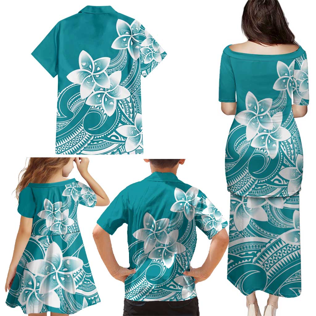 Polynesian Plumeria Flowers Tribal Family Matching Puletasi and Hawaiian Shirt Pacific Tattoo Teal Style LT9 - Polynesian Pride