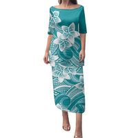 Polynesian Plumeria Flowers Tribal Family Matching Puletasi and Hawaiian Shirt Pacific Tattoo Teal Style LT9 Mom's Dress Teal - Polynesian Pride
