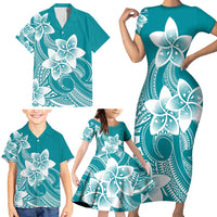 Polynesian Plumeria Flowers Tribal Family Matching Short Sleeve Bodycon Dress and Hawaiian Shirt Pacific Tattoo Teal Style LT9 - Polynesian Pride