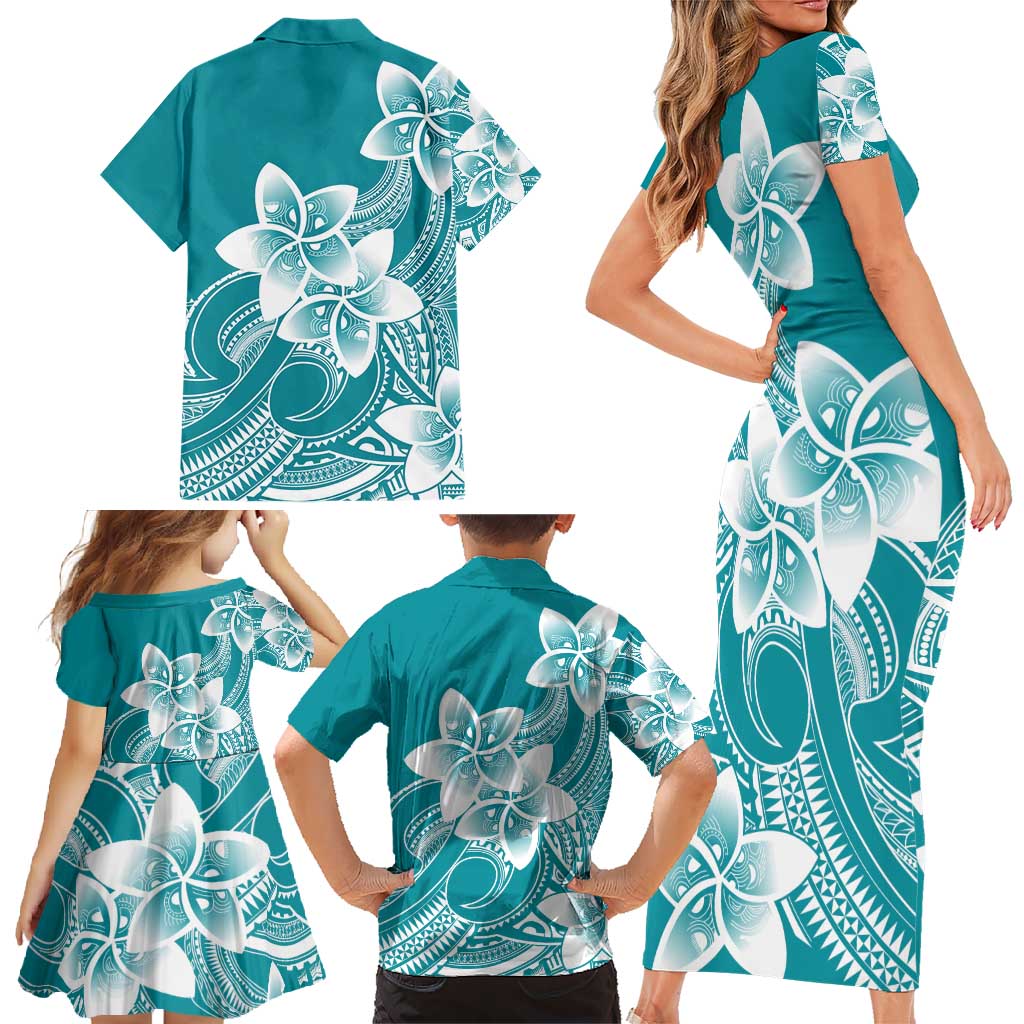 Polynesian Plumeria Flowers Tribal Family Matching Short Sleeve Bodycon Dress and Hawaiian Shirt Pacific Tattoo Teal Style LT9 - Polynesian Pride