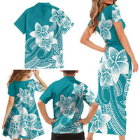 Polynesian Plumeria Flowers Tribal Family Matching Short Sleeve Bodycon Dress and Hawaiian Shirt Pacific Tattoo Teal Style LT9 - Polynesian Pride