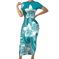 Polynesian Plumeria Flowers Tribal Family Matching Short Sleeve Bodycon Dress and Hawaiian Shirt Pacific Tattoo Teal Style LT9 Mom's Dress Teal - Polynesian Pride