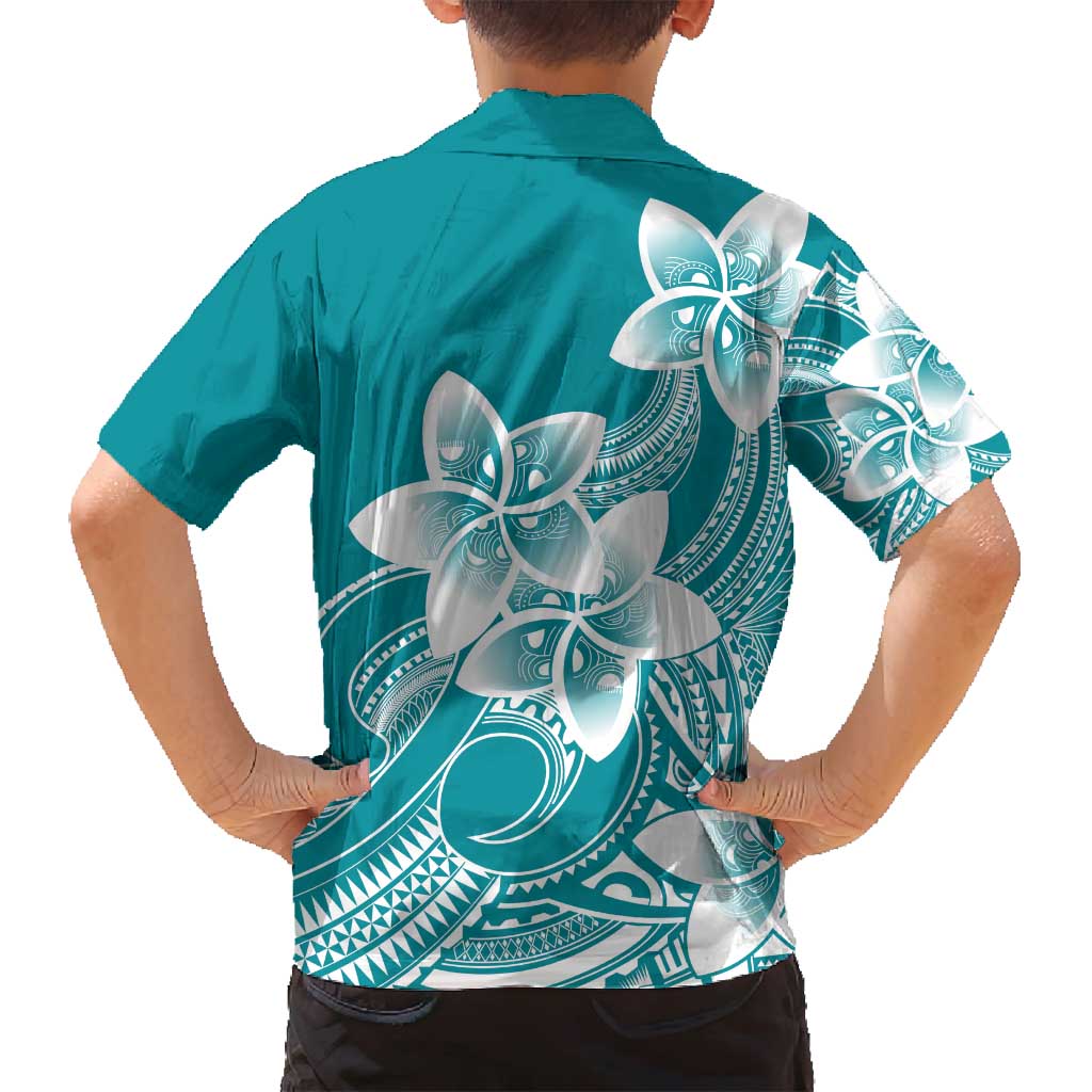 Polynesian Plumeria Flowers Tribal Family Matching Summer Maxi Dress and Hawaiian Shirt Pacific Tattoo Teal Style LT9 - Polynesian Pride