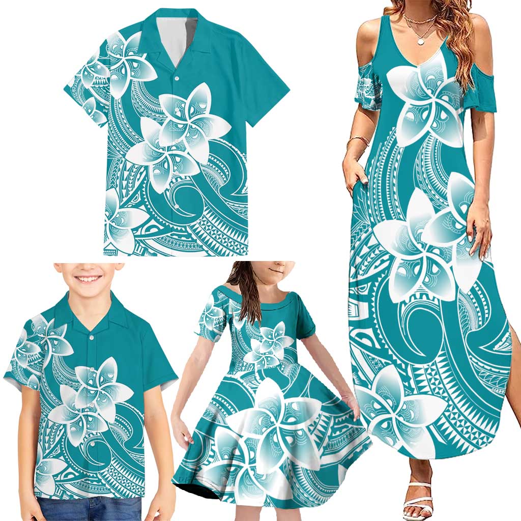 Polynesian Plumeria Flowers Tribal Family Matching Summer Maxi Dress and Hawaiian Shirt Pacific Tattoo Teal Style LT9 - Polynesian Pride