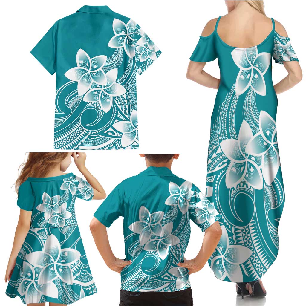 Polynesian Plumeria Flowers Tribal Family Matching Summer Maxi Dress and Hawaiian Shirt Pacific Tattoo Teal Style LT9 - Polynesian Pride