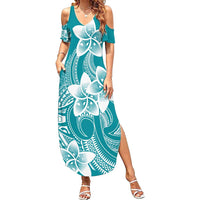Polynesian Plumeria Flowers Tribal Family Matching Summer Maxi Dress and Hawaiian Shirt Pacific Tattoo Teal Style LT9 Mom's Dress Teal - Polynesian Pride