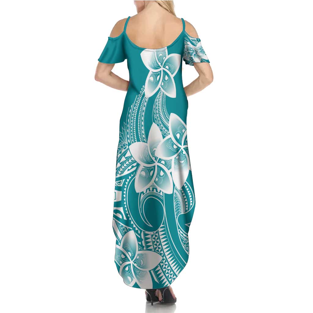Polynesian Plumeria Flowers Tribal Family Matching Summer Maxi Dress and Hawaiian Shirt Pacific Tattoo Teal Style LT9 - Polynesian Pride