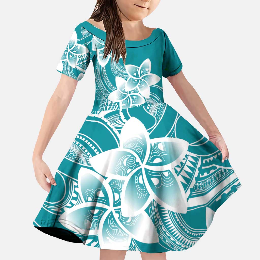 Polynesian Plumeria Flowers Tribal Family Matching Tank Maxi Dress and Hawaiian Shirt Pacific Tattoo Teal Style LT9 Daughter's Dress Teal - Polynesian Pride