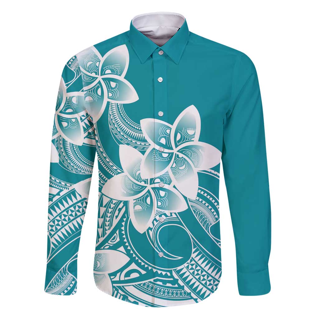 Polynesian Plumeria Flowers Tribal Family Matching Tank Maxi Dress and Hawaiian Shirt Pacific Tattoo Teal Style LT9 Dad's Shirt - Long Sleeve Teal - Polynesian Pride