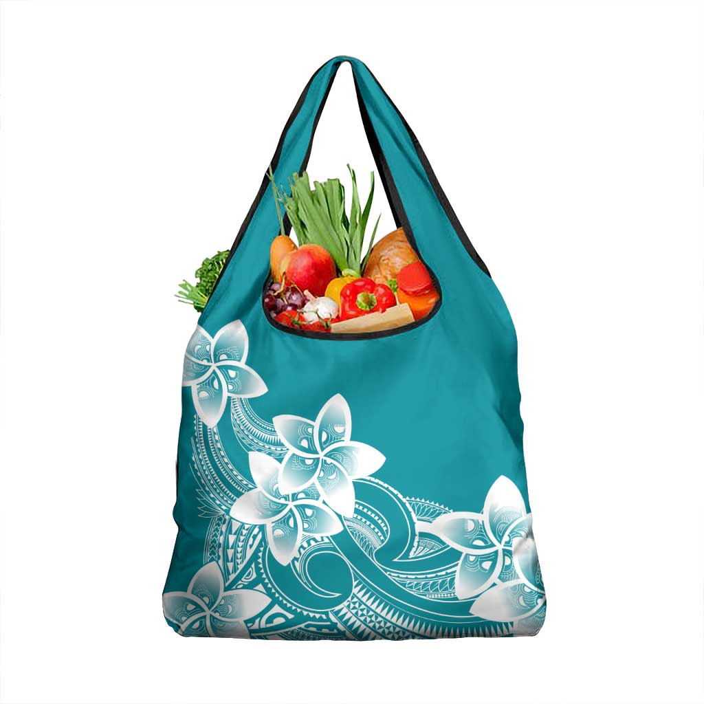 Polynesian Plumeria Flowers Tribal Grocery Bag Pacific Tattoo Teal Style - Polynesian Pride