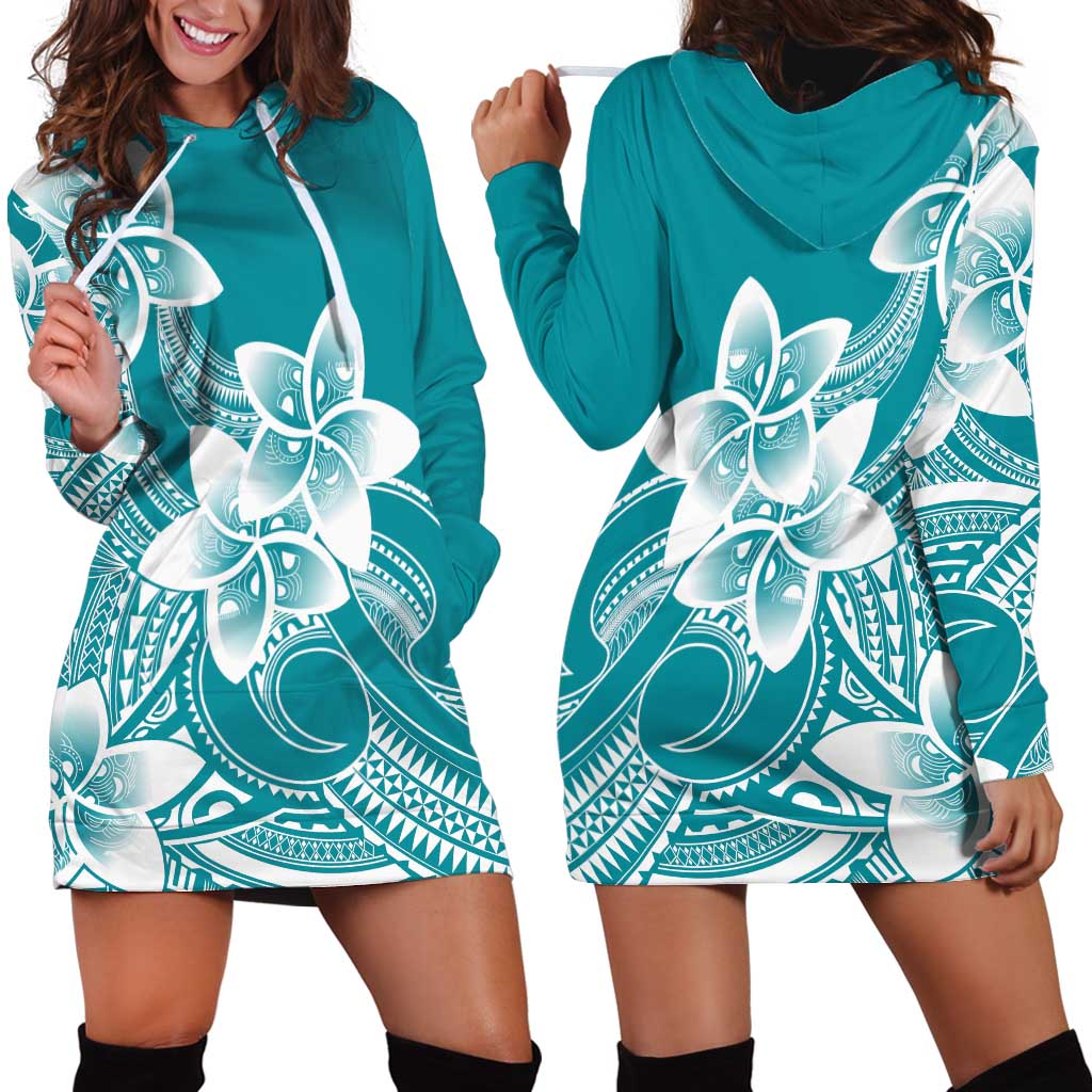 Polynesian Plumeria Flowers Tribal Hoodie Dress Pacific Tattoo Teal Style LT9 - Polynesian Pride