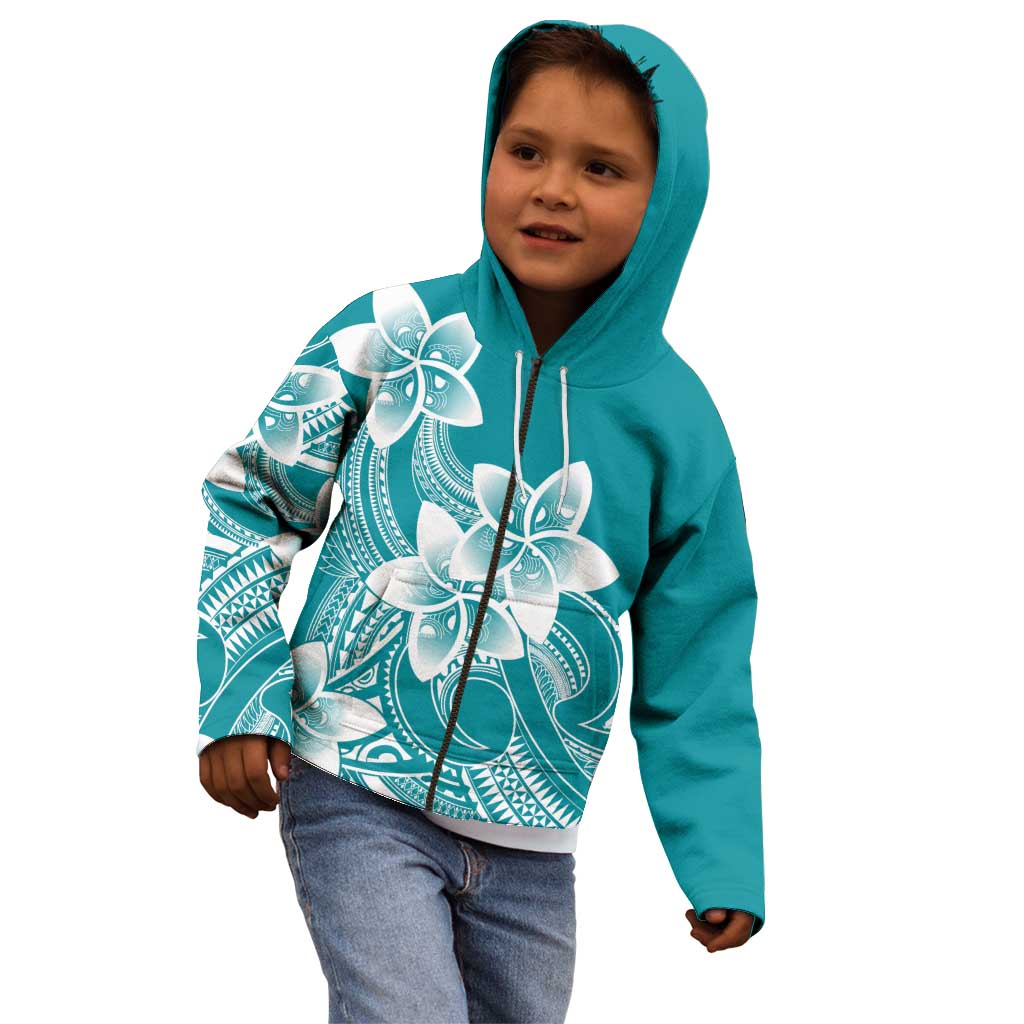 Polynesian Plumeria Flowers Tribal Kid Hoodie Pacific Tattoo Teal Style - Polynesian Pride