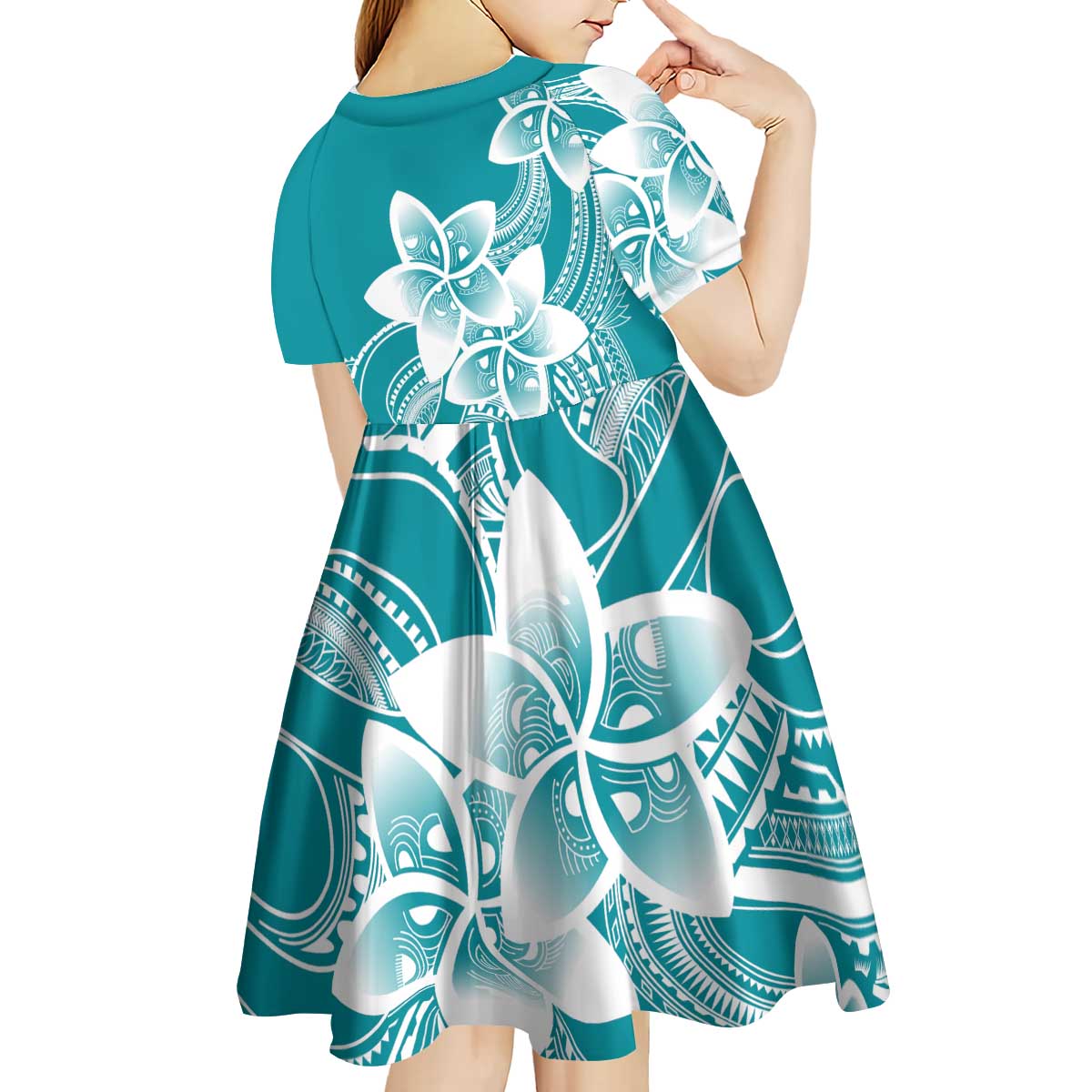 Polynesian Plumeria Flowers Tribal Kid Short Sleeve Dress Pacific Tattoo Teal Style LT9 - Polynesian Pride