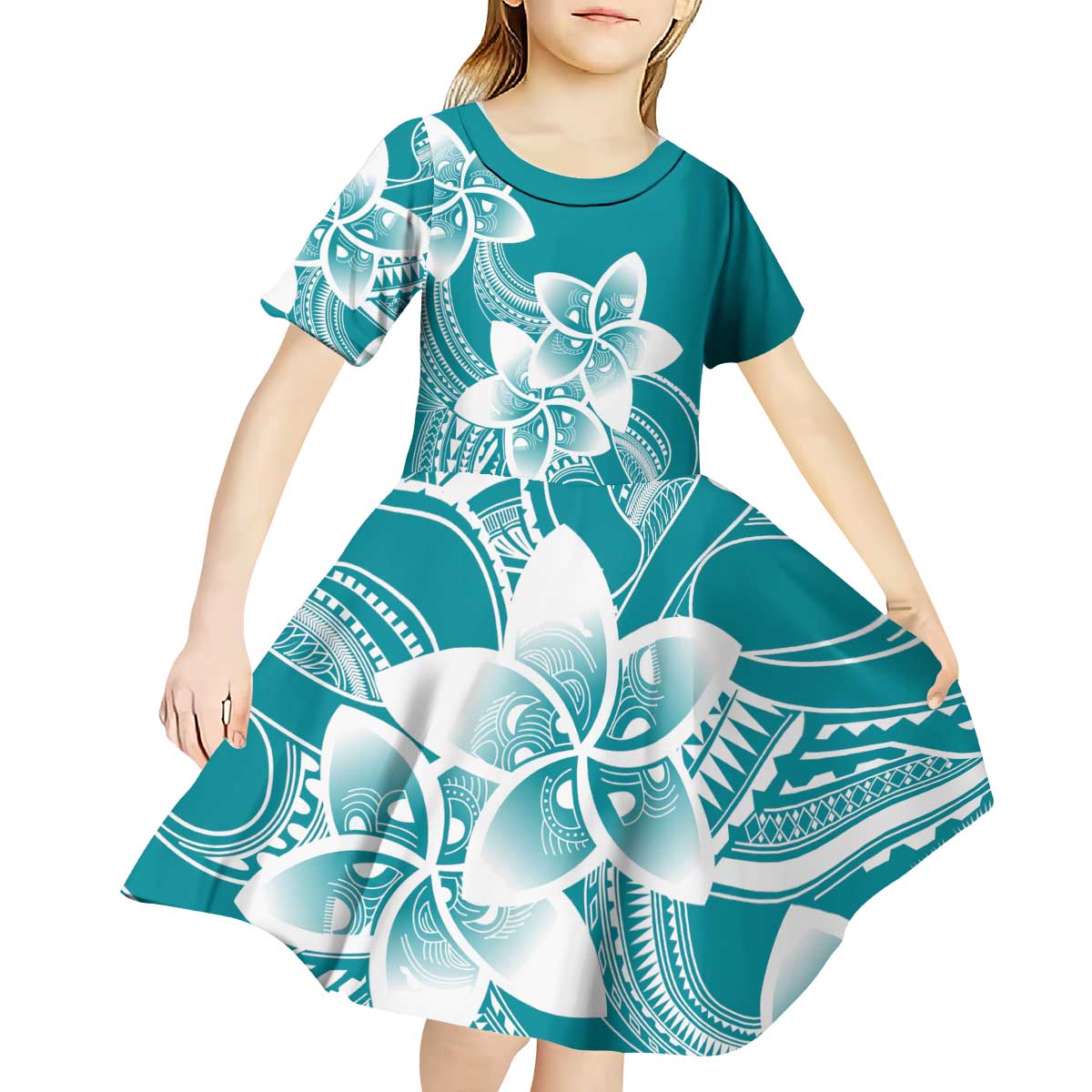 Polynesian Plumeria Flowers Tribal Kid Short Sleeve Dress Pacific Tattoo Teal Style LT9 - Polynesian Pride