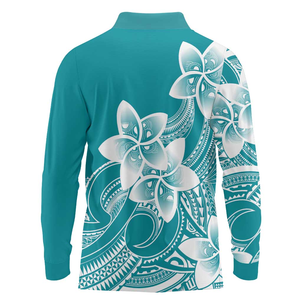 Polynesian Plumeria Flowers Tribal Long Sleeve Polo Shirt Pacific Tattoo Teal Style LT9 - Polynesian Pride